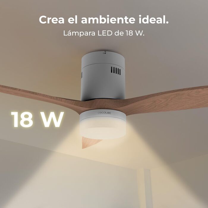 Стеляний вентилятор Cecotec Energysilence Aero 5600 Classic White з LED-підсвічуванням. Потужність 40W, DC-двигун, діаметр 132 см, 3 лопаті, 18W LED, таймер, 6 швидкостей, пульт дистанційного керування, літній/зимовий режим (білий | дерево)