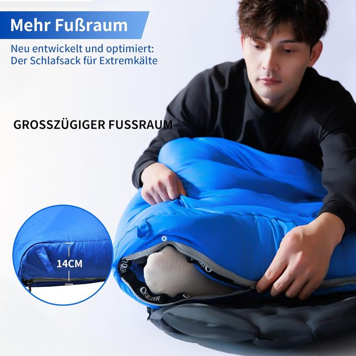 Сплячий мішок пуховий, 4-сезонний, зимовий -3°C до -20°C. Підходить для кемпінгу, походів та відпочинку на природі для дорослих та дітей. Колір: блакитний. Температурний режим: -3°C до -12°C