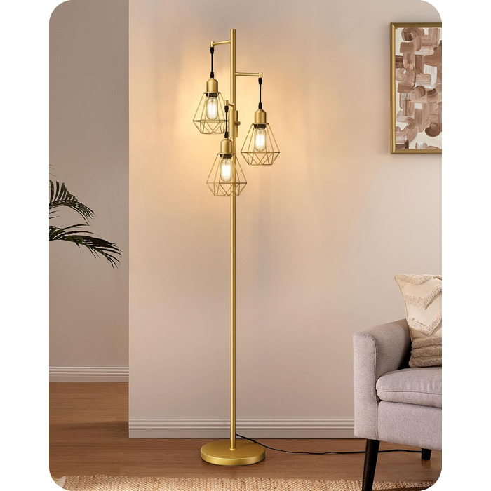 LED торшер Edishine для вітальні, ретро стиль, 3 лампи, диммування, 4W E27, регулювання поворотною ручкою, індустріальний декор з металевим абажуром-сіткою, 2700K, висота 166 см, золотий