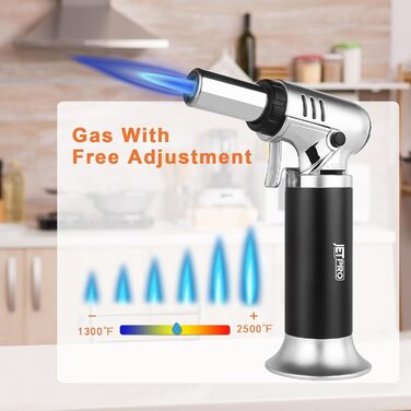 Газовий запальник Butan з регульованим полум'ям для кухні, випічки, барбекю, паяння, з віконцем рівня газу та блокуванням безпеки (срібний)