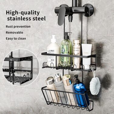 HouseUp Shower Shelf - Over the Door Hanging Shower Caddy - No Drilling Required - Black Shampoo Holder for Shower, Shower Basket, Bathroom Organizer, Shower Holder, Stainless Steel
