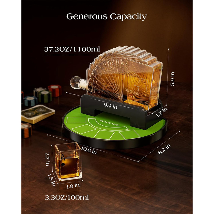 Набір для віскі Kollea Blackjack: Декантер 37,2 Oz та 4 келихи, стиль Казино, подарунок для чоловіків