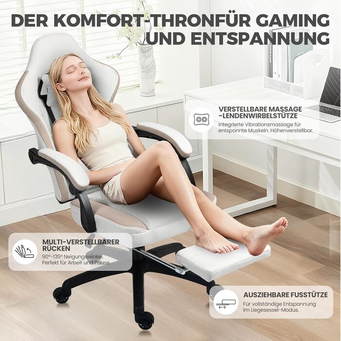 Крісло ігрове Dowinx з тканини, масажне, з підніжкою, ергономічне, для геймерів, офісне, 150 кг, бежеве