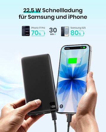 Power Bank A ADDTOP 26800mAh з LED дисплеєм та 4 виходами, 22.5W швидка зарядка, PD3.0, QC4.0, USB-C, для iPhone, Galaxy, Tablette, чорний