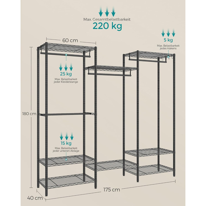 SONGMICS Clothes Rack, Open Wardrobe, Metal Coat Rack, Coat Stand with Adjustable Shelves and Clothes Rails, Hooks, High Load Capacity, Detachable, Cloud White LGR431W01 (Ink Black)