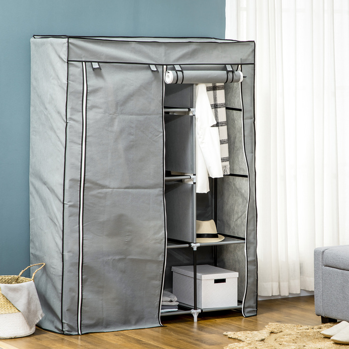 HOMCOM Fabric Closet with Hanging Rod, Folding Wardrobe 8 Tiers, Light Grey for Bedroom & Hallway