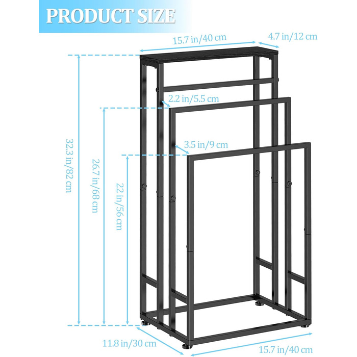 Підставка для рушників стояча, 3-ярусна з полицею з дерева, металева з регульованими ніжками, для ванної кімнати та спальні, 40x30x82 см, чорна