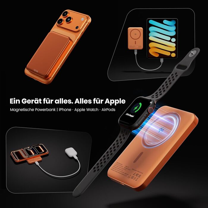 Power Bank 10000 mAh з магнітом, ультратонкий титановий корпус (14 мм), PD 20W, бездротова зарядка USB-C для iPhone 15/16/17 та Apple Watch (Оранжевий)