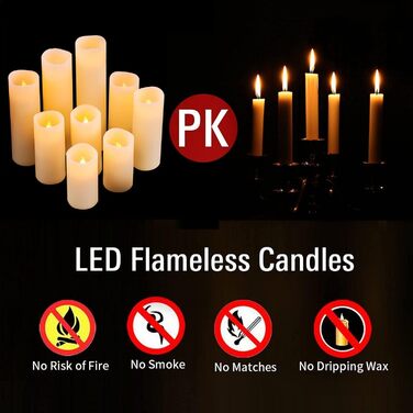 LED Candles, Set of 9 Flameless Candles, Battery-Powered Candles Flicker, D5.5cm x H10/12.5/15/17.5/20/22.8cm, Real Wax Pillar Candles with Remote Control and 24-Hour Timer Function (Ivory)