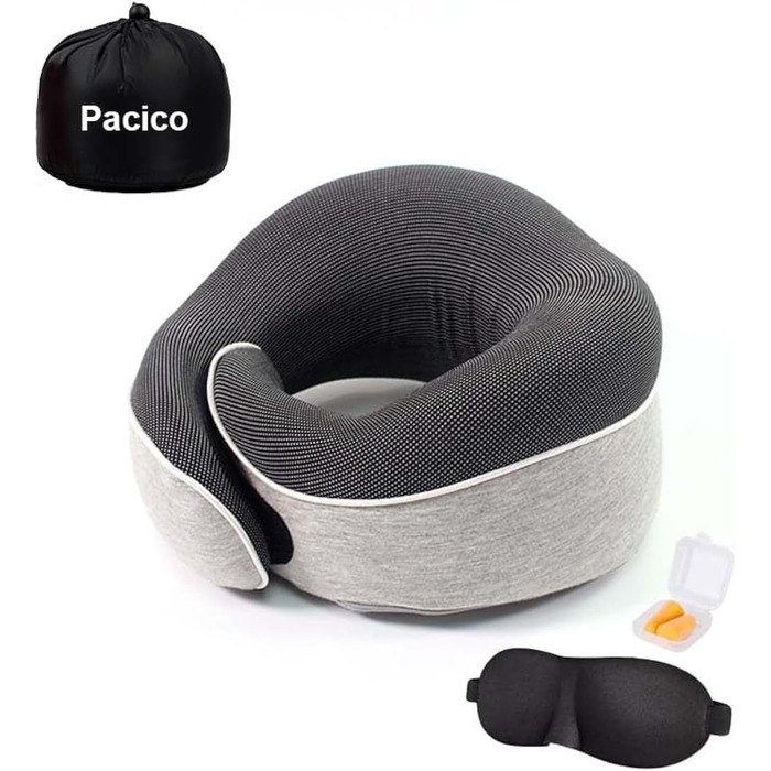 Подушка для шиї, подорожі: Memory Foam, для авто, поїздів, літаків. Комплект з маскою для очей та навушниками (світло-сіра)