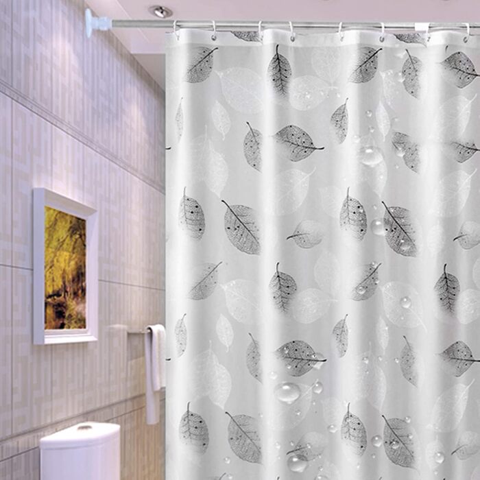 Шторка для душу 180x200 см, біла з листям, антигрибкова, з 12 гачками, для дому, готелю, ванної кімнати