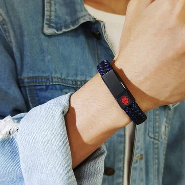 Чоловічий браслет-ідентифікатор з гравіюванням PJ JEWELLERY. Сплетене шкіряне браслет-медичний ідентифікатор з нержавіючою сталевою застібкою-магнітом. Чорний/Синій. Для людей з ЕПІЛЕПСІЄЮ.