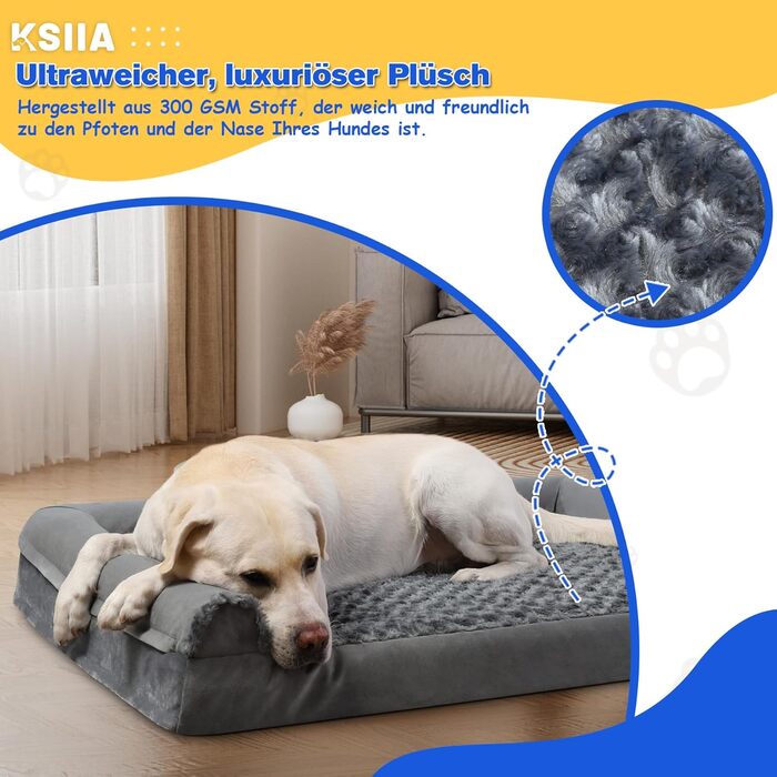 KSIIA Orthopedic Dog Bed for Large Dogs, 105x70x18cm, Removable and Washable Cover, XL Dog Couch with THREE Raised Edges, Non-Slip Bottom, Egg Crate Foam Dog Basket, Grey