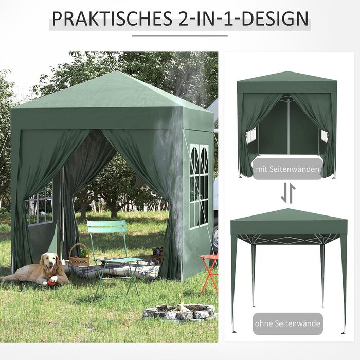 Outsunny 2x2m (6.5x6.5ft) Gazebo, Waterproof, Pop-up Folding Canopy with 4 Side Walls, Drain Holes, Windows, Foldable Party Tent, UV 30+, Garden Tent with Carry Bag, Garden Gazebo for Patio, White (Dark Green)