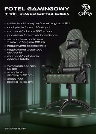 Ігрове крісло Cobra Draco CRF194 Green, штучна шкіра