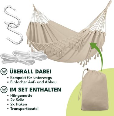 Гамак KRUMAD 260 см, до 250 кг, вологостійкий, бавовна-поліестер, для саду, балкону, кемпінгу, з дерев'яними розпірками та сумкою (Бежевий, 150x200 см)