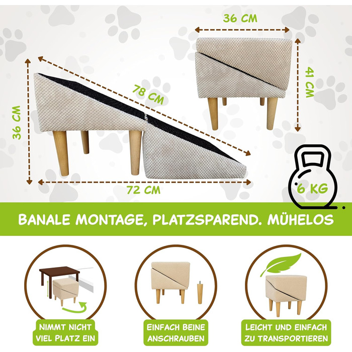 Сходинки для собак Outentin - розкладні, з неслизькою поверхнею, для маленьких та великих собак, для дивану та ліжка, стабільні, зроблені у вигляді меблів, 36 см, рожеві