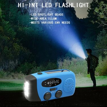 Радіоприймач сонячний Solar-Radio 2000mAh з ручним заводом, AM/FM, SOS-сигналом, LED-ліхтарем та USB-зарядкою, водонепроникний для кемпінгу, туризму та надзвичайних ситуацій (синій)