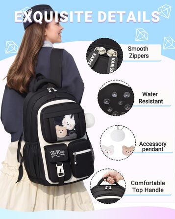 Шкільний рюкзак для дівчаток DivingBirds, 2-7 клас, 22L | Легкий дитячий рюкзак з дихаючою спинкою та м'якими лямками | З нагрудним ременем | Чорний