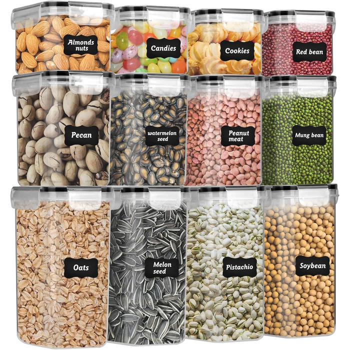 Набір контейнерів для зберігання продуктів 12 шт. з герметичними кришками, BPA-free, PP, з замком, 32 етикетки та маркер (Чорний) (4 x 0.8л / 4 x 1.6л / 4 x 2л)