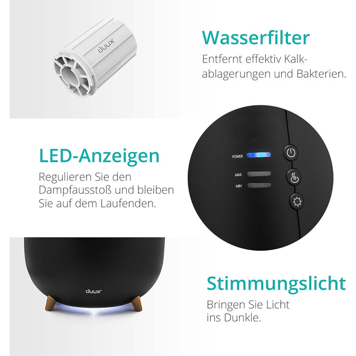 Ультразвуковий зволожувач повітря Duux Tag 2 - 2.5л, чорний. Зволожувач для дому, 30 м², 10 годин роботи