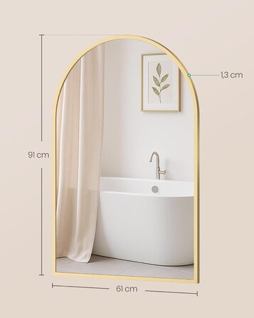 Дзеркало для ванної кімнати SONGMICS, настінне, з алюмінієвою рамою, 91 x 61 см, з захисною плівкою, 2 способи кріплення, для ванної, спальні, вітальні, LWM010BD01 (овальне, світло-золоте)