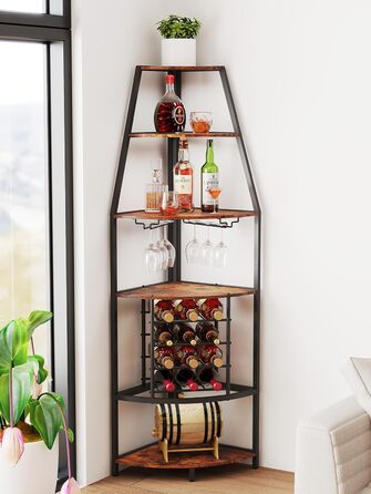 Стеллаж для вина Nisorpa на 12 пляшок, 5-ярусний кутовий, з тримачем для келихів, вінтажний коричнево-чорний