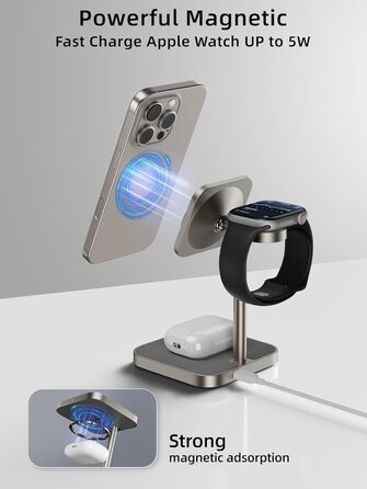 LULULOOK Qi2 Magsafe Зарядна станція 3 в 1 з алюмінію для Apple Watch та iPhone: 15W швидка зарядка для iPhone 17 Pro Max/Pro/Air/17, 5W для Apple Watch Ultra, AirPods. Титан.
