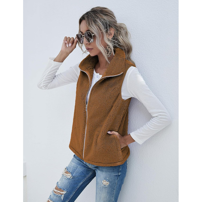 Жіноча жилетка Rapbin з флісу Teddy, тепла безрукавка на осінь/зиму, м'яка плюшева жилетка, повсякденний однотонний верхній одяг (XL, Коричневий)