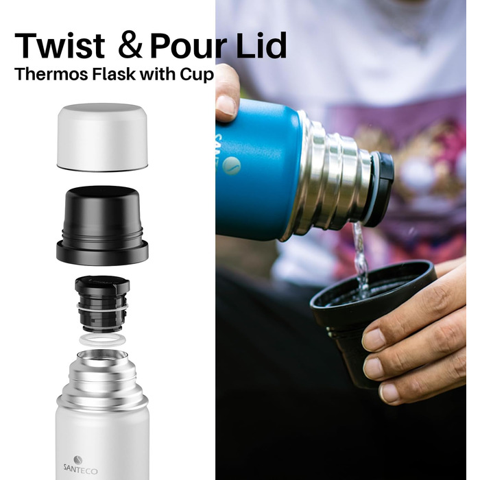 Термос-термокана з нержавіючої сталі SANTECO 1л, 500мл, не протікає, з кришкою-чашкою для подорожей. Термос для кави та чаю для дітей, спорту, без BPA, 24 години холод, 12 годин тепло (білий, 1000 мл)