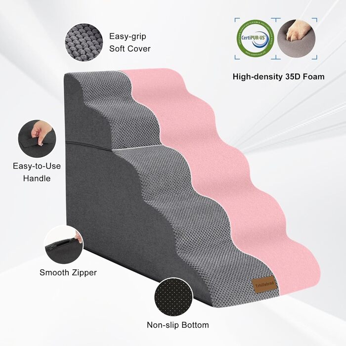 Trhillsbrad Breiter Hundetreppe 5 Stufen für Kleine Hunde, Hochdichtem Schaumstoff Haustiertreppe, Waschbarem Bezug und Rutschfestem Boden (Faltbar Hundetreppe 5 Stufen) - Trhillsbrad Wide Dog Stairs, 5 Steps for Small Dogs, High-Density Foam Pet Stairs, Washable Cover and Non-Slip Bottom (Foldable Dog Stairs, 5 Steps)