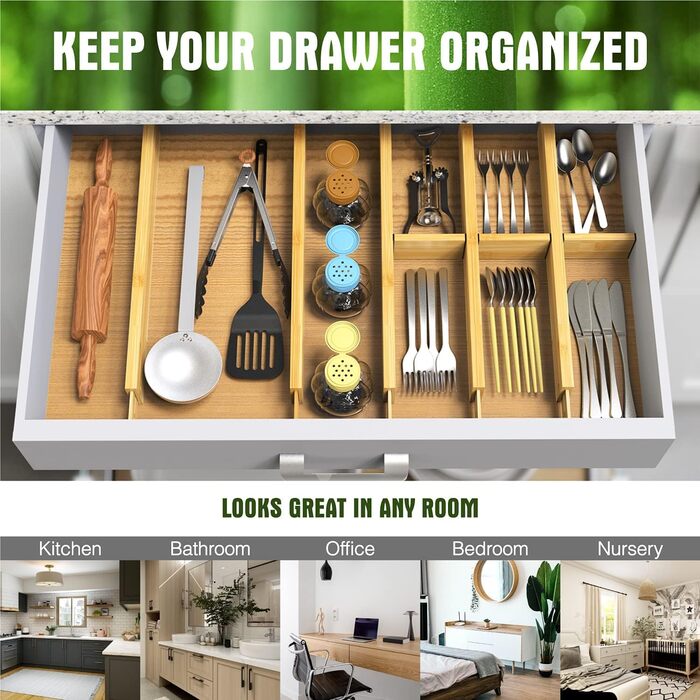 ANTOWIN Adjustable Drawer Dividers Bamboo (43-56 cm), Drawer Organizer, Spring-loaded, Kitchen, Chest of Drawers, Bathroom, Bedroom, Baby Drawer, Desk Organization System