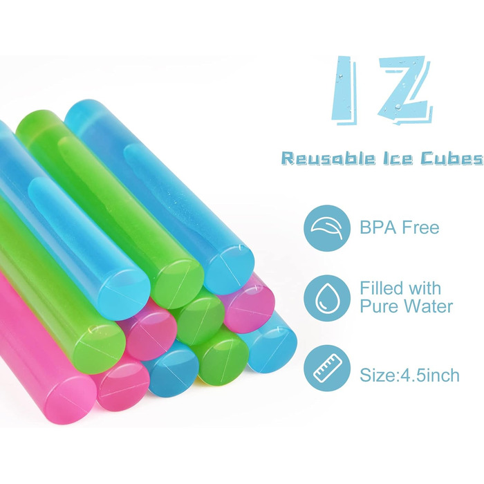 12 Reusable Ice Cubes for Drinks, Quick Freeze, Reusable Water Bottle, Ice Stick, BPA-Free, Washable Plastic Ice Cubes for Whiskey, Wine, Coffee (Multicolor)