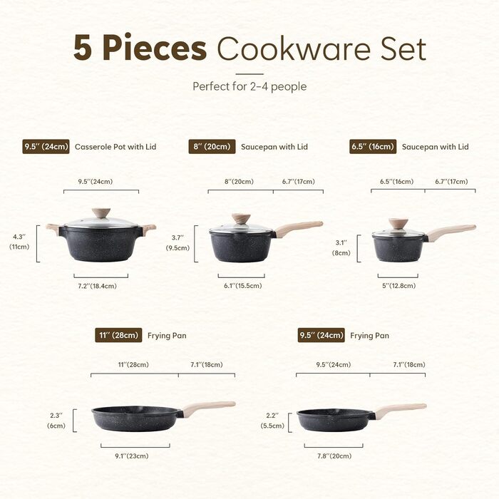 Набір посуду Kordisen з антипригарним покриттям, 5 предметів: каструлі та сковорідки. Безпечний, сумісний з індукцією, PFOA та PFAS free