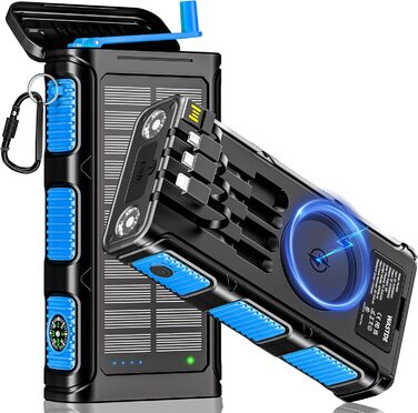 Сонячний Power Bank 26800 mAh з ручкою та 4 кабелями, USB-C, 7 виходів, 4 входи, для телефону, Outdoor, водонепроникний, зовнішній акумулятор для кемпінгу (Синій)