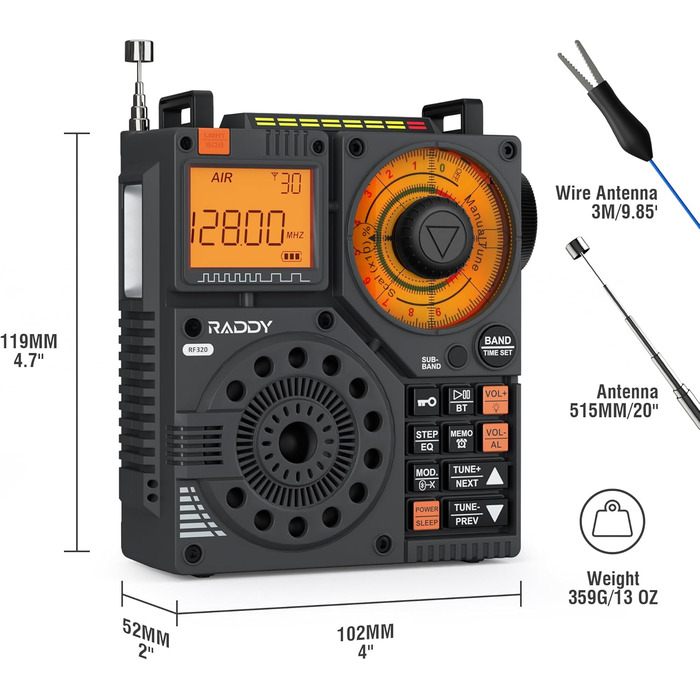 Raddy RF320: Портативне радіо Kurzwellenradio з керуванням через додаток, FM/AM/VHF/SW/AIR, підтримка BT/TF-картки, перезаряджуване, з антеною 3м, навушниками, ліхтариком, SOS, сірий