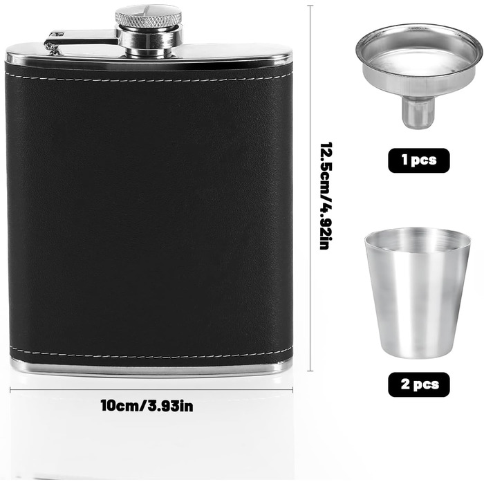 Фляга нержавіюча Kasanni 8oz/230 мл, з келихами та воронкою, чорна шкіряна, для піших прогулянок