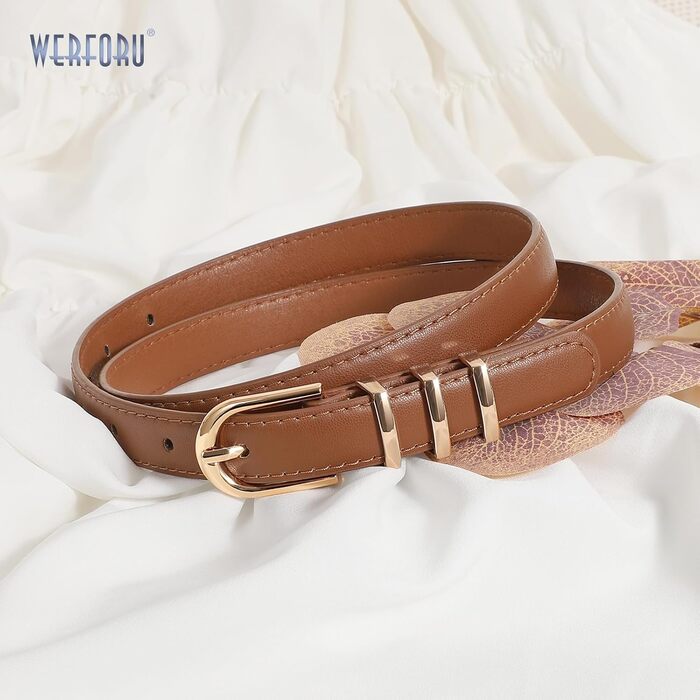 Жіночі шкіряні ремені WERFORU (2 шт.) для джинсів та штанів. Тонкий ремінь з золотою пряжкою. Довжина 110 см, підходить на талію 80-92 см (чорний+коричневий)