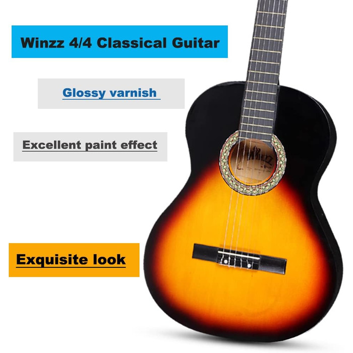 Кітара класична Winzz 4/4 для початківців - набір, 39 дюймів, з нейлоновими струнами, для дорослих та дітей (від 11 років), колір Sunburst