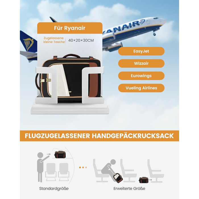 Рюкзак для ручної поклажі Ryanair Lovevook 45x36x20, 32L, Anti-Diebstahl, для жінок та чоловіків, підходить для Eurowings, Wizz Air (40x30x20cm, Чорний+бежевий+каштановий)