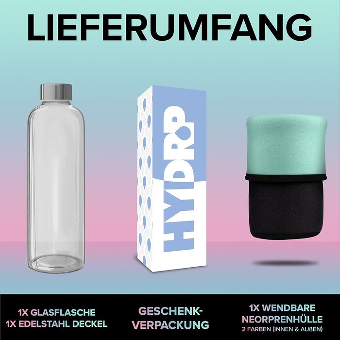 HYDROP® TEST WINNER Glass Bottle 1 Liter with Protective Sleeve - Shatterproof - Drinking Bottle Glass in 1L or 750ml - Suitable for Carbonated Drinks & Leak-Proof - Glass Water Bottle with High-Quality Gift Packaging (Black / Turquoise, 1000 ml)
