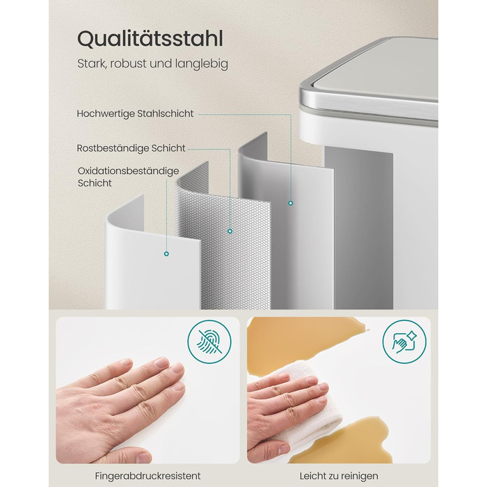 Відро для сміття SONGMICS 50 л, нержавіюча сталь, знімний внутрішній відро, Soft-Close, білий (LTB595E01)