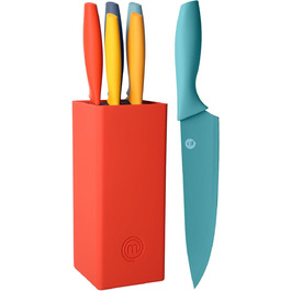 MasterChef 5-Piece Knife Block Set - Stainless Steel Kitchen Knife Set with Chef's Knife, Santoku, Bread Knife, Utility Knife, and Vegetable Knife - Sharp, Black Soft-Touch Handles