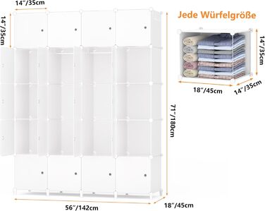 HOMIDEC Wardrobe, Portable Shelving System, 20-Cube Closet Organizer made of Plastic with 2 Clothes Rods, Bedroom Wardrobe Closet White for Bedroom, 180 x 142 x 45cm