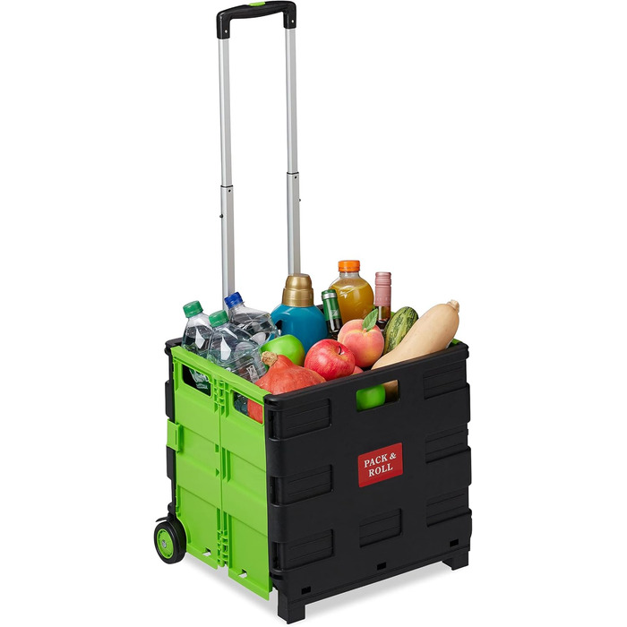 Relaxdays Folding Shopping Trolley, Telescopic Handle, 2 Rubber Wheels, Up to 35 kg, Shopping Trolley, Aluminium, ABS, Shopping Trolleys 98 x 45.5 x 37 cm (Green)