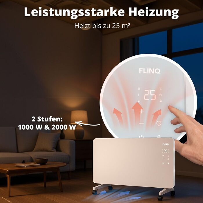 Розумний конвектор FlinQ Smart 2000W, електричний обігрівач з Wi-Fi керуванням, 96 x 46 x 13 см, білий