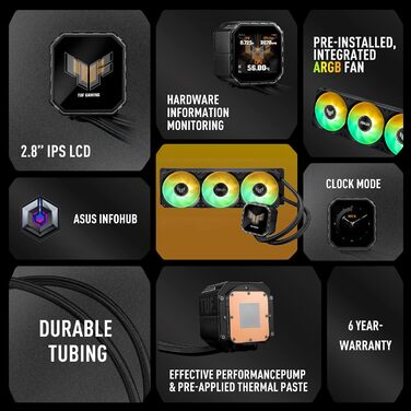 Водяне охолодження CPU ASUS TUF Gaming LC III 240 ARGB з LCD-дисплеєм, 2 вентилятори, сумісний з Intel LGA 1851, 1700, 1200, 115X та AMD AM5