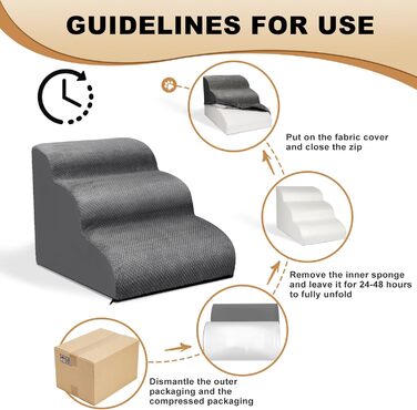 Сходи для собак маленьких порід Otauoaea: 3 сходи, антиковзаюча поверхня, для софи та ліжка, знімний чохол, сірий колір