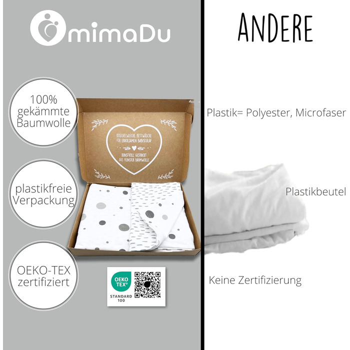 Набір постільної білизни для дитячого ліжечка з органічної бавовни GOTS (Oeko-Tex100), 100 x 135 см. Включає наволочку 40x60 см та ковдру 100x135 см. Підходить для хлопчиків та дівчаток, сірий колір.