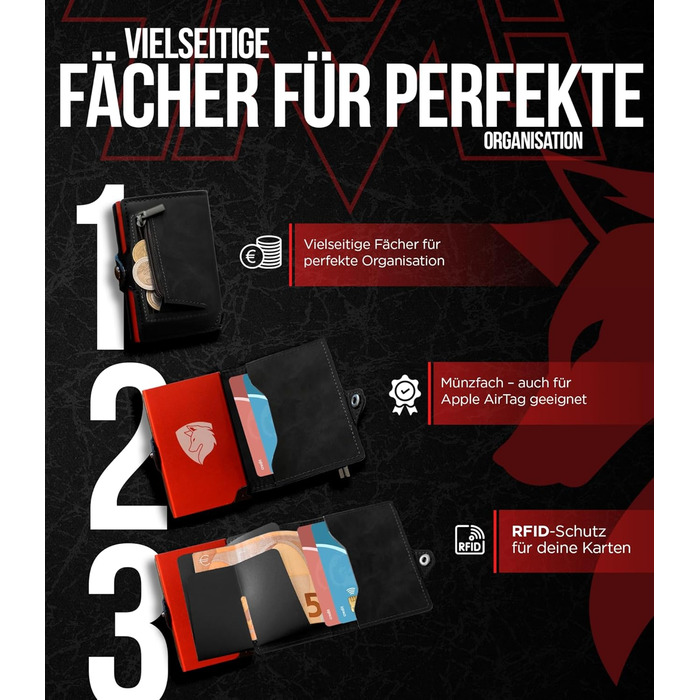 Чоловіче шкіряне портмоне для карток з RFID захистом та системою GripLock®, NFC, автоматичний висувний картхолдер, для 6-12 карток, чорний/червоний